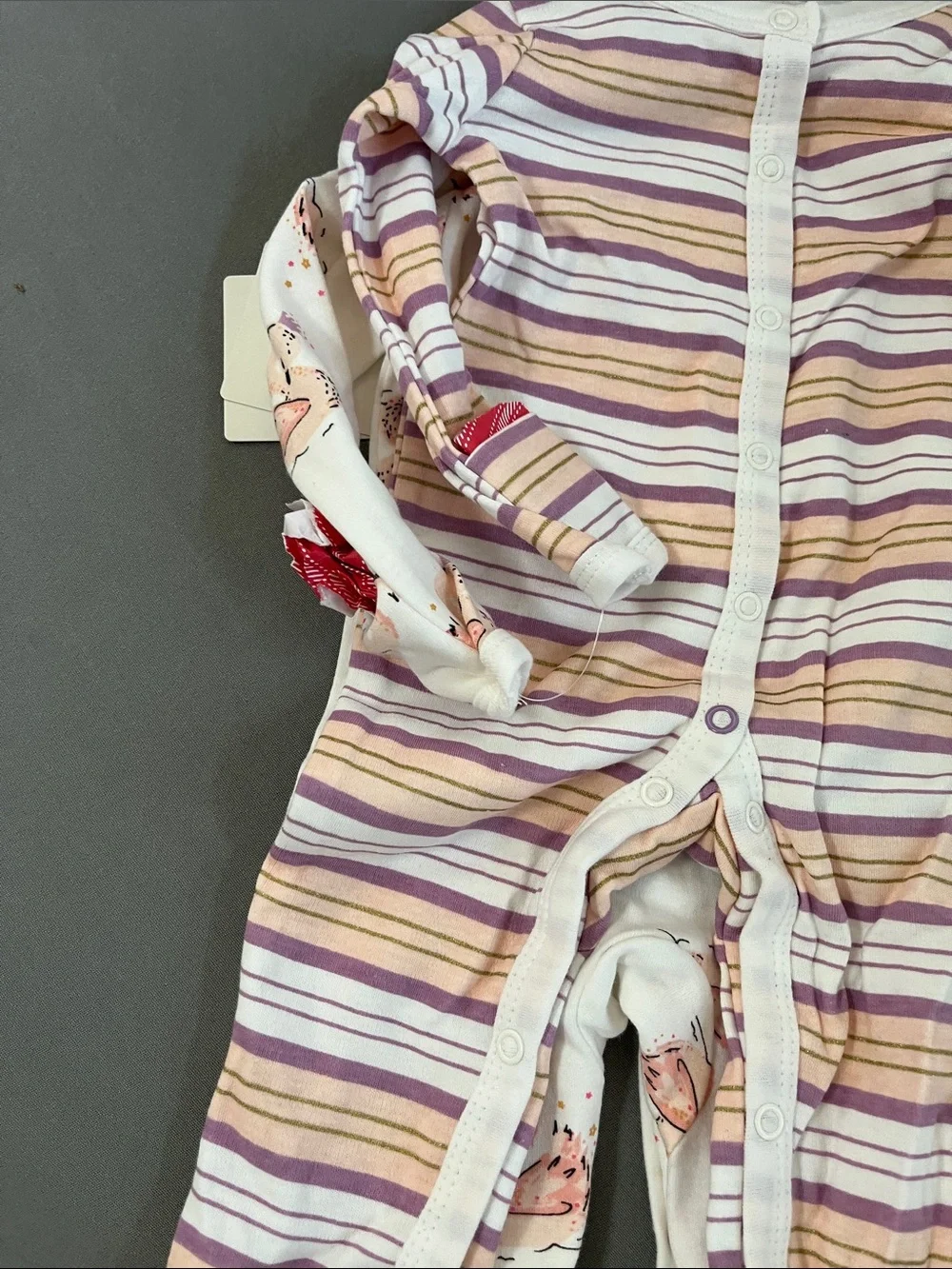 Rosie Pope Cream Footie with Pink Floral Print & Lavender Stripes